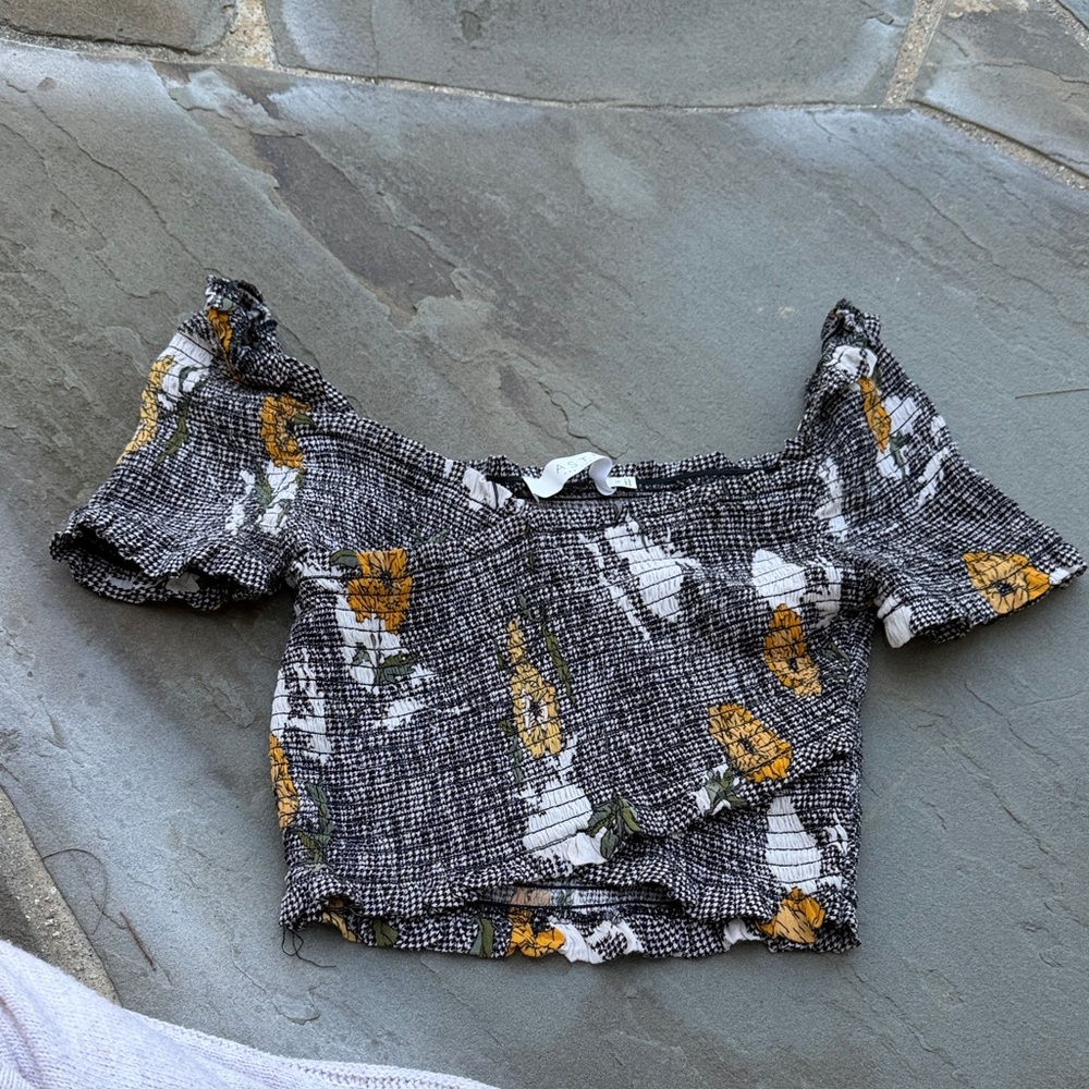 Astr Black Smocked Off-Shoulder Crop Top with Yellow Floral Print